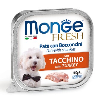 Monge Fresh Patè con Bocconcini mit Truthahn, 100 g, mit einer silbernen Verpackung und einer sichtbaren Illustration eines Truthahnstücks.